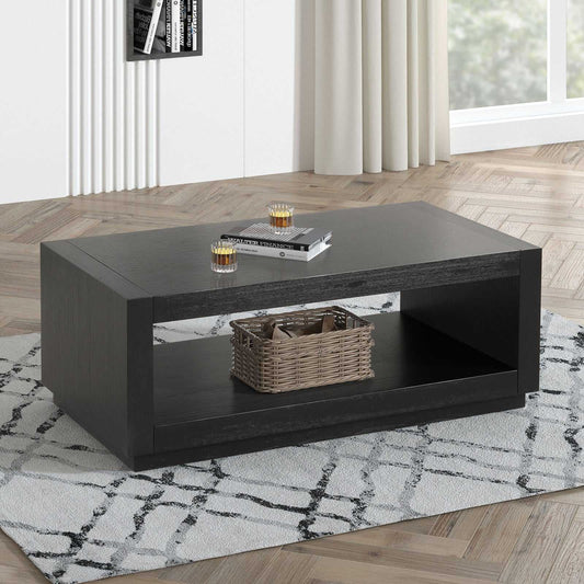 Contemporary Style Rectangle Coffee Table Plinth Base Open Bottom shelf Black Finish Primary Living Room Coffee Table