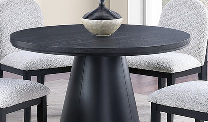 Dining Table 4x Side Chairs White Finish Fabric Black Round Table w Cone Base 5pc Dining Set Plush Seat