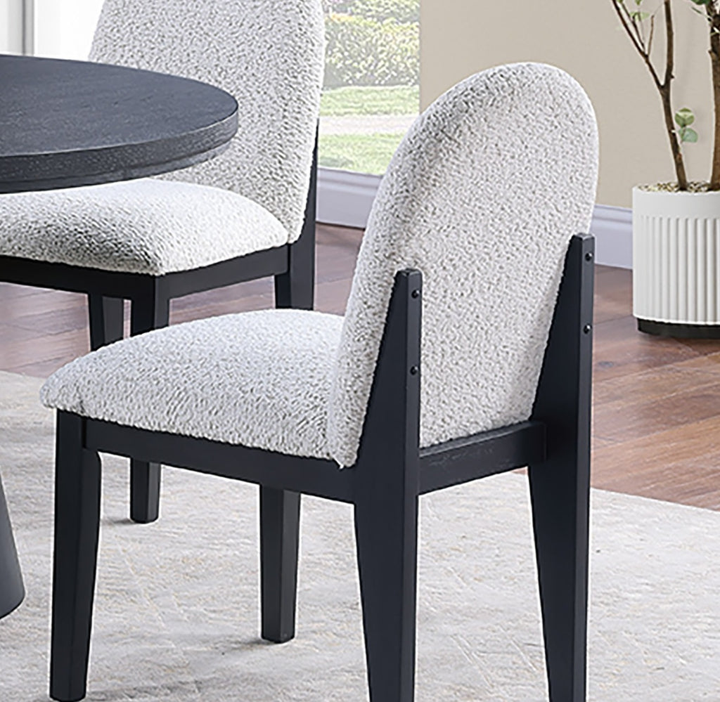 Dining Table 4x Side Chairs White Finish Fabric Black Round Table w Cone Base 5pc Dining Set Plush Seat