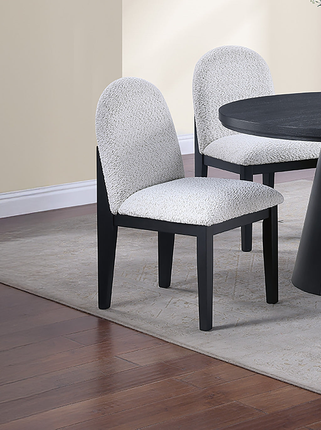 Dining Table 4x Side Chairs White Finish Fabric Black Round Table w Cone Base 5pc Dining Set Plush Seat