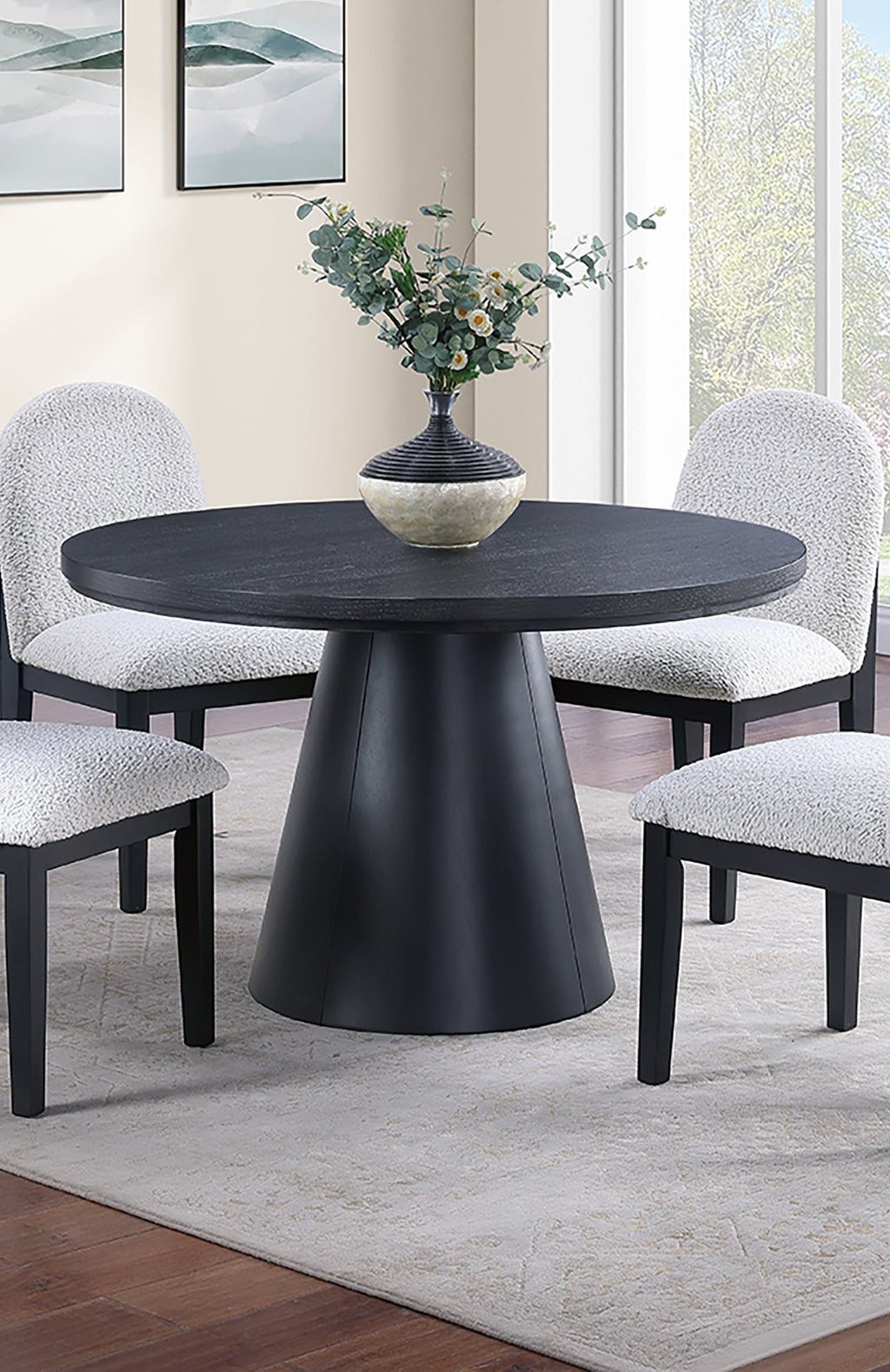 Dining Table 4x Side Chairs White Finish Fabric Black Round Table w Cone Base 5pc Dining Set Plush Seat