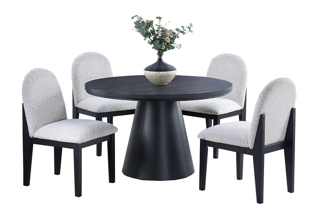 Dining Table 4x Side Chairs White Finish Fabric Black Round Table w Cone Base 5pc Dining Set Plush Seat