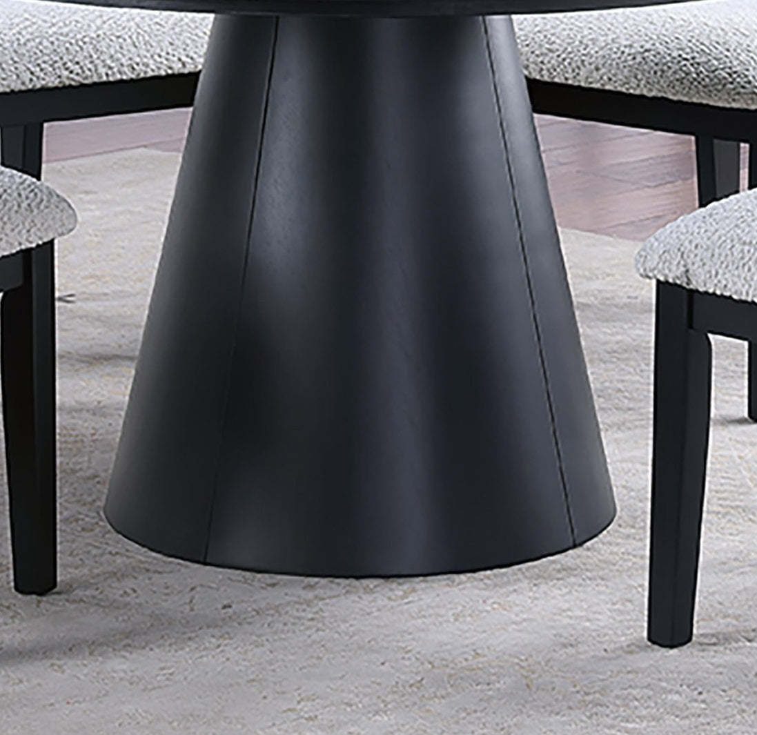 Dining Table 4x Side Chairs White Finish Fabric Black Round Table w Cone Base 5pc Dining Set Plush Seat