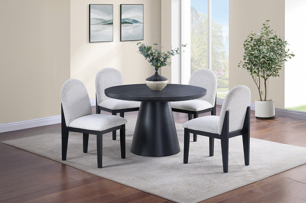 Dining Table 4x Side Chairs White Finish Fabric Black Round Table w Cone Base 5pc Dining Set Plush Seat