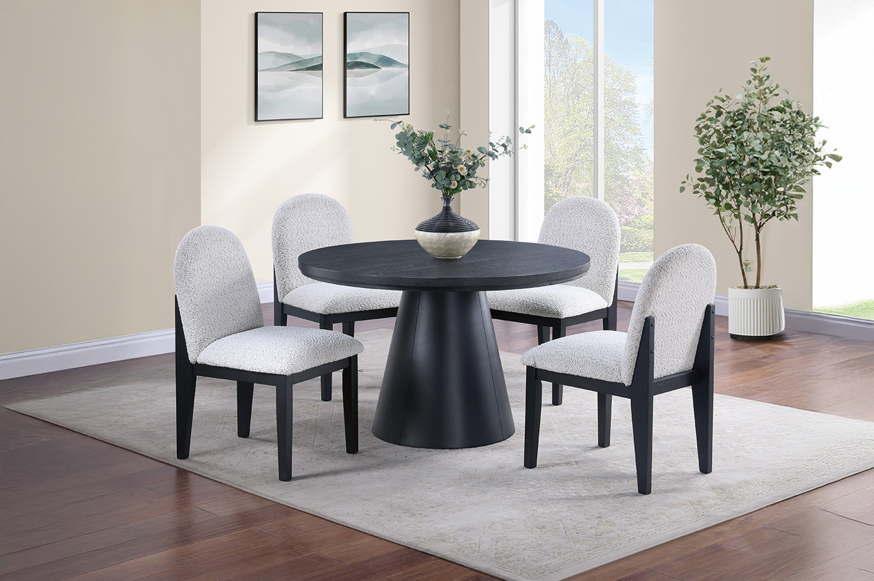 Dining Table 4x Side Chairs White Finish Fabric Black Round Table w Cone Base 5pc Dining Set Plush Seat