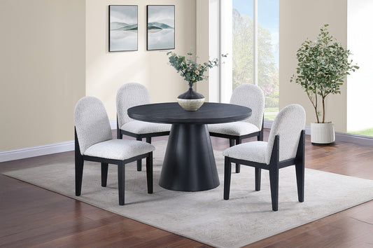 Dining Table 4x Side Chairs White Finish Fabric Black Round Table w Cone Base 5pc Dining Set Plush Seat
