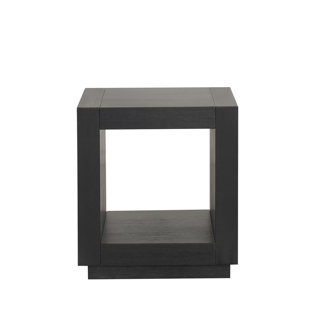 Contemporary Style Square End Table Plinth Base Open Bottom shelf Black Finish Primary Living Room End Table