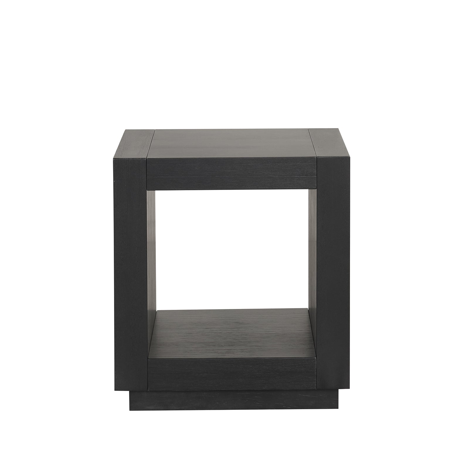 Contemporary Style Square End Table Plinth Base Open Bottom shelf Black Finish Primary Living Room End Table