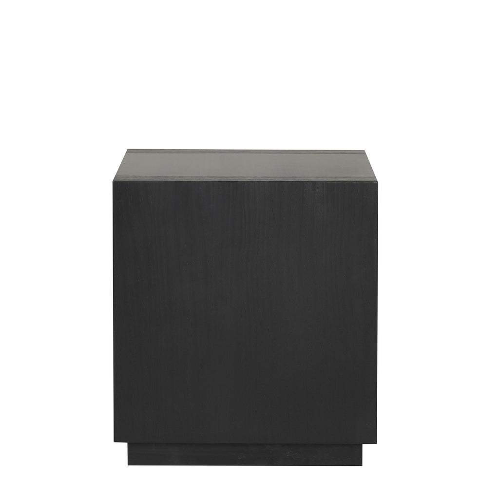 Contemporary Style Square End Table Plinth Base Open Bottom shelf Black Finish Primary Living Room End Table