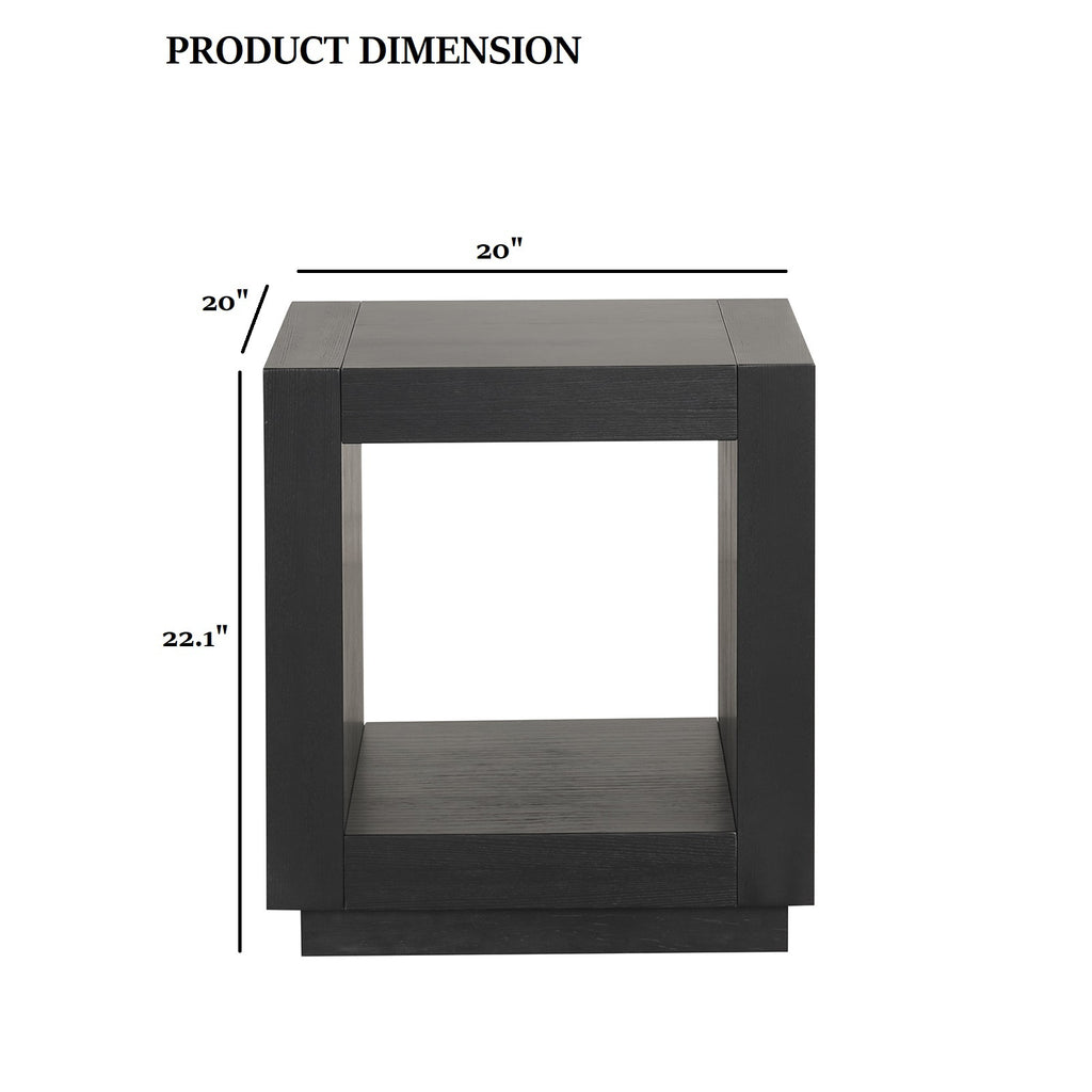 Contemporary Style Square End Table Plinth Base Open Bottom shelf Black Finish Primary Living Room End Table