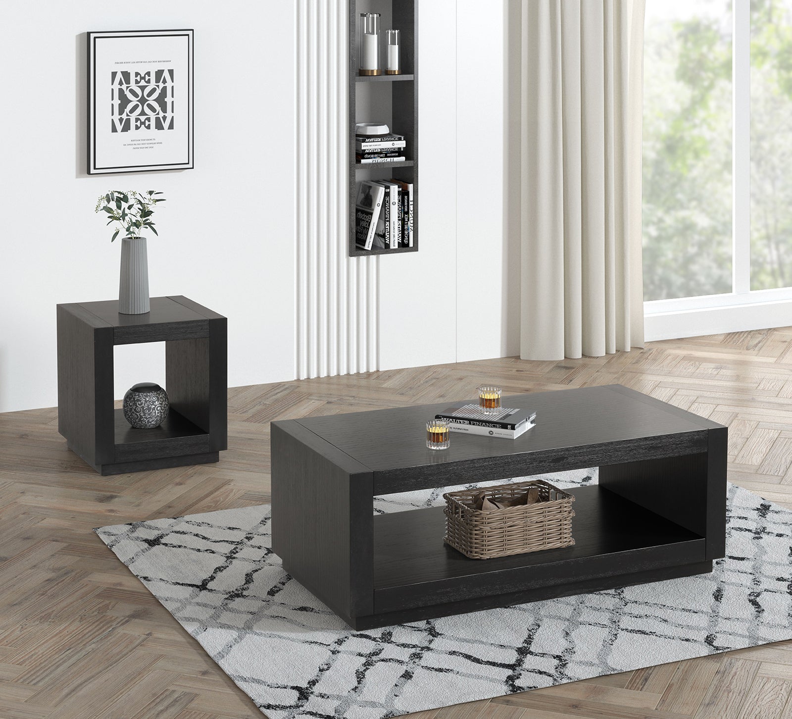 Contemporary Style Square End Table Plinth Base Open Bottom shelf Black Finish Primary Living Room End Table