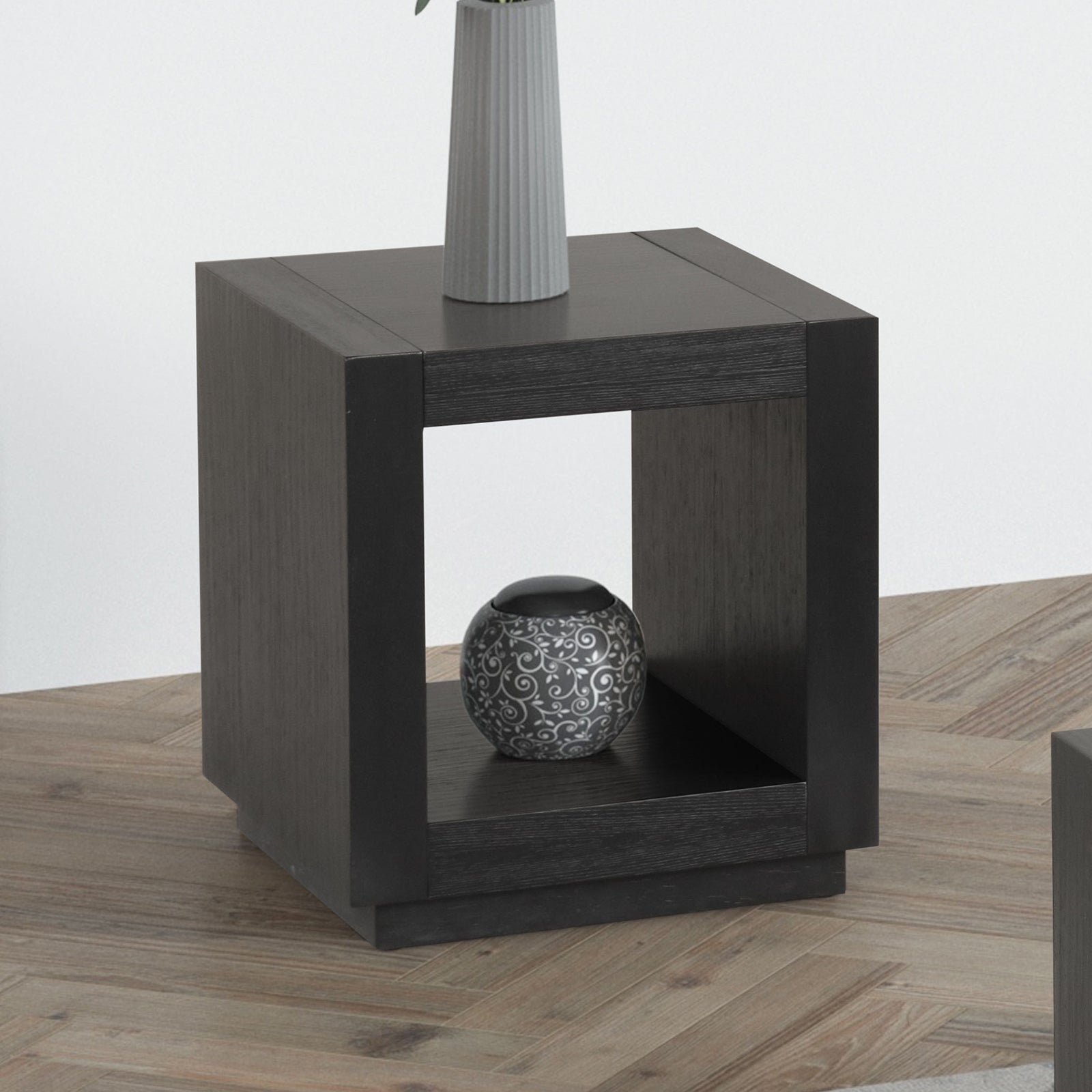 Contemporary Style Square End Table Plinth Base Open Bottom shelf Black Finish Primary Living Room End Table