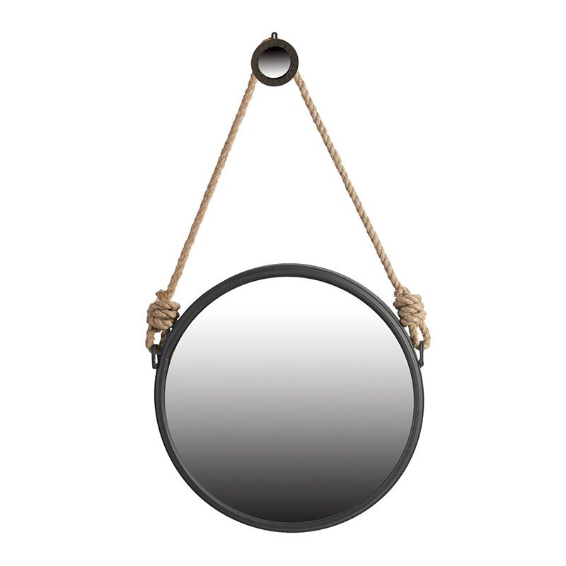 19.5" in Handsome Cleveland Mirror with Rope Strap Contemporary Design Circle Mirror with Grey Round Metal Frame for Wall Decor Bathroom, Entryway - Groovy Boardz