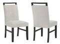 Two gray upholstered chairs with black frames on a white background