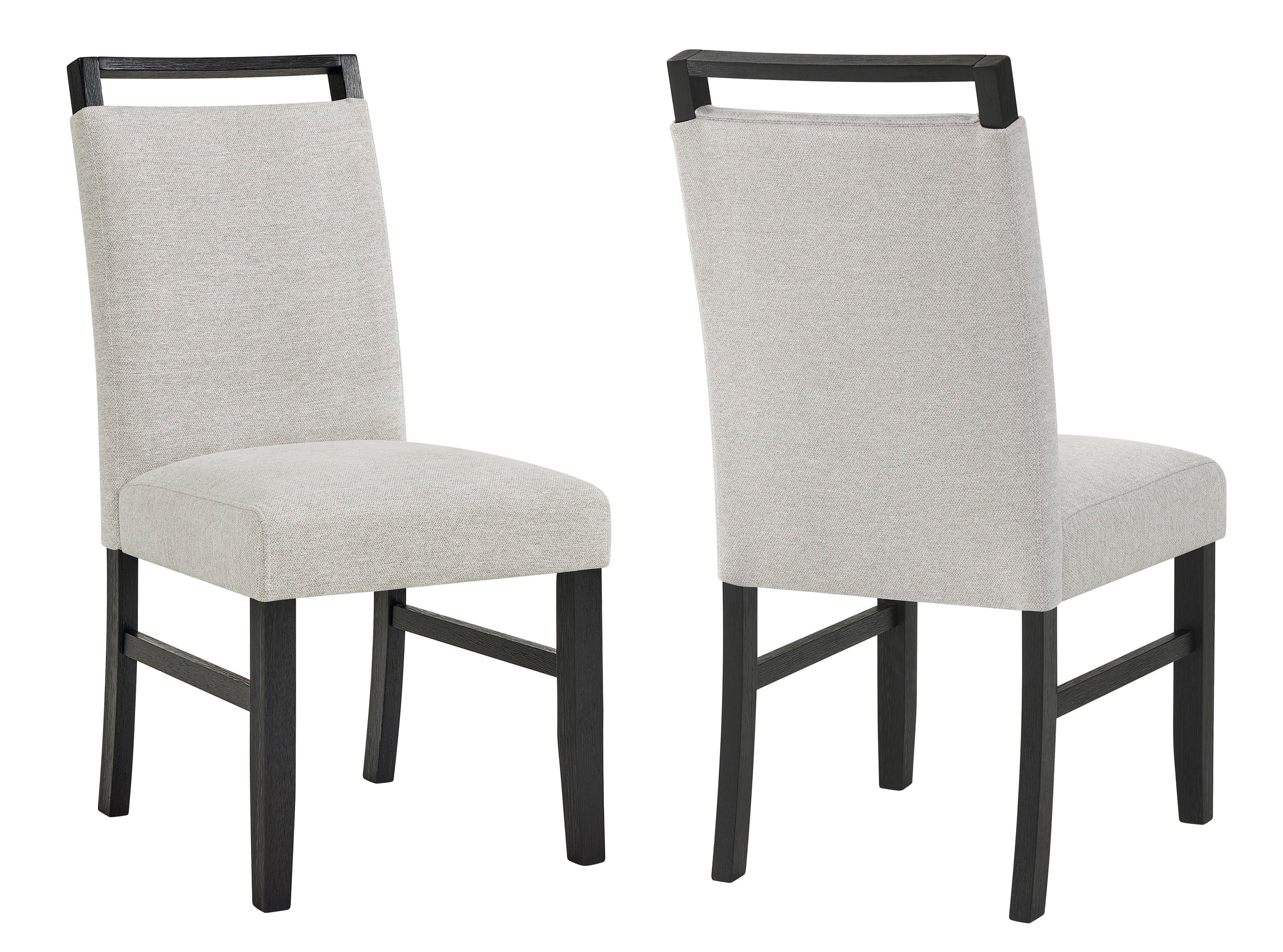 Two gray upholstered chairs with black frames on a white background