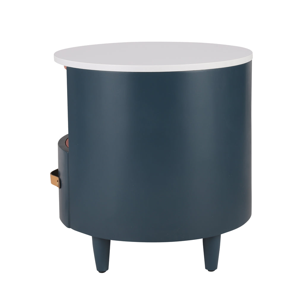 Contemporary & Modern Round Nightstand with Storage Drawer, Sofa End Table with Open Storage Shelf, Bedside Table with Curved Design for Living Room & Bedroom, Easy Assembly, Blue Nightstands