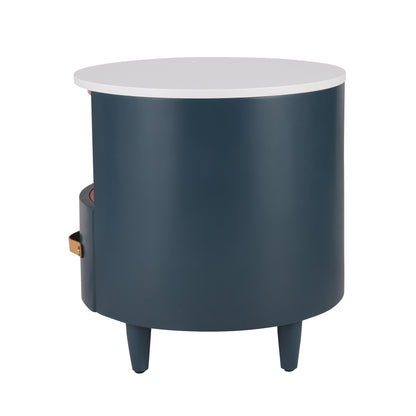 Contemporary & Modern Round Nightstand with Storage Drawer, Sofa End Table with Open Storage Shelf, Bedside Table with Curved Design for Living Room & Bedroom, Easy Assembly, Blue Nightstands