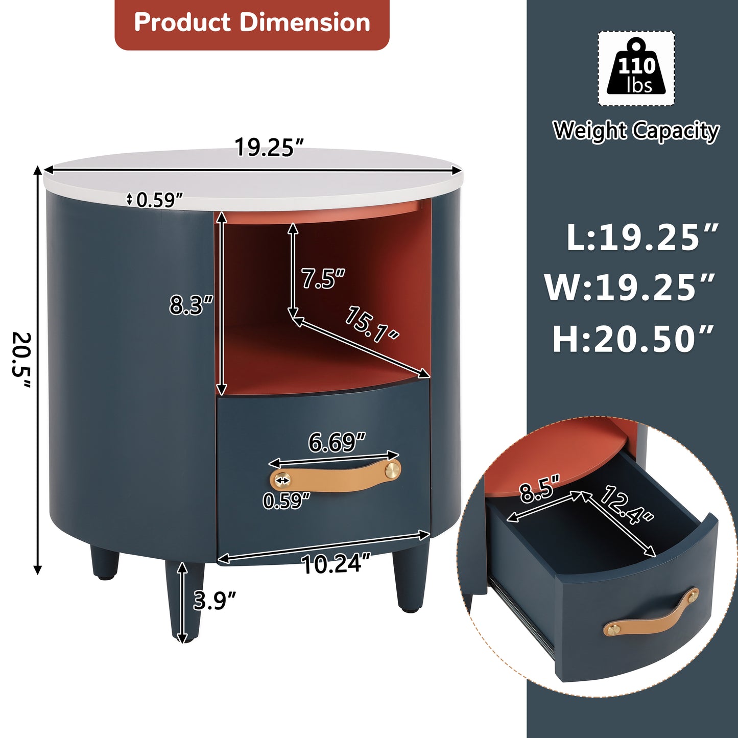 Contemporary & Modern Round Nightstand with Storage Drawer, Sofa End Table with Open Storage Shelf, Bedside Table with Curved Design for Living Room & Bedroom, Easy Assembly, Blue Nightstands