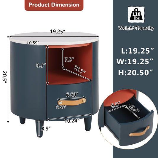 Contemporary & Modern Round Nightstand with Storage Drawer, Sofa End Table with Open Storage Shelf, Bedside Table with Curved Design for Living Room & Bedroom, Easy Assembly, Blue Nightstands