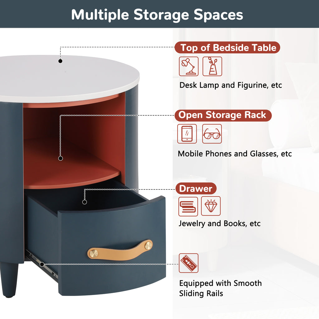 Contemporary & Modern Round Nightstand with Storage Drawer, Sofa End Table with Open Storage Shelf, Bedside Table with Curved Design for Living Room & Bedroom, Easy Assembly, Blue Nightstands