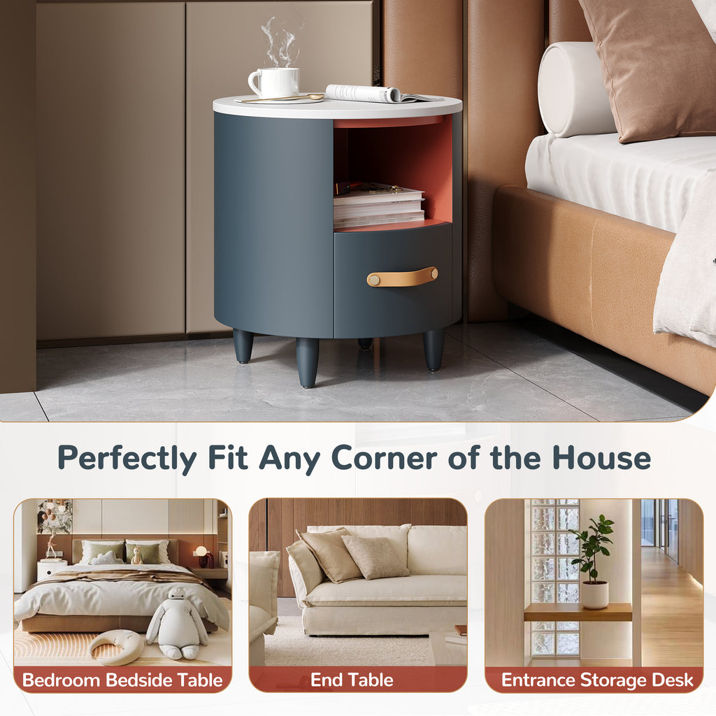 Contemporary & Modern Round Nightstand with Storage Drawer, Sofa End Table with Open Storage Shelf, Bedside Table with Curved Design for Living Room & Bedroom, Easy Assembly, Blue Nightstands