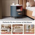Contemporary & Modern Round Nightstand with Storage Drawer, Sofa End Table with Open Storage Shelf, Bedside Table with Curved Design for Living Room & Bedroom, Easy Assembly, Blue Nightstands
