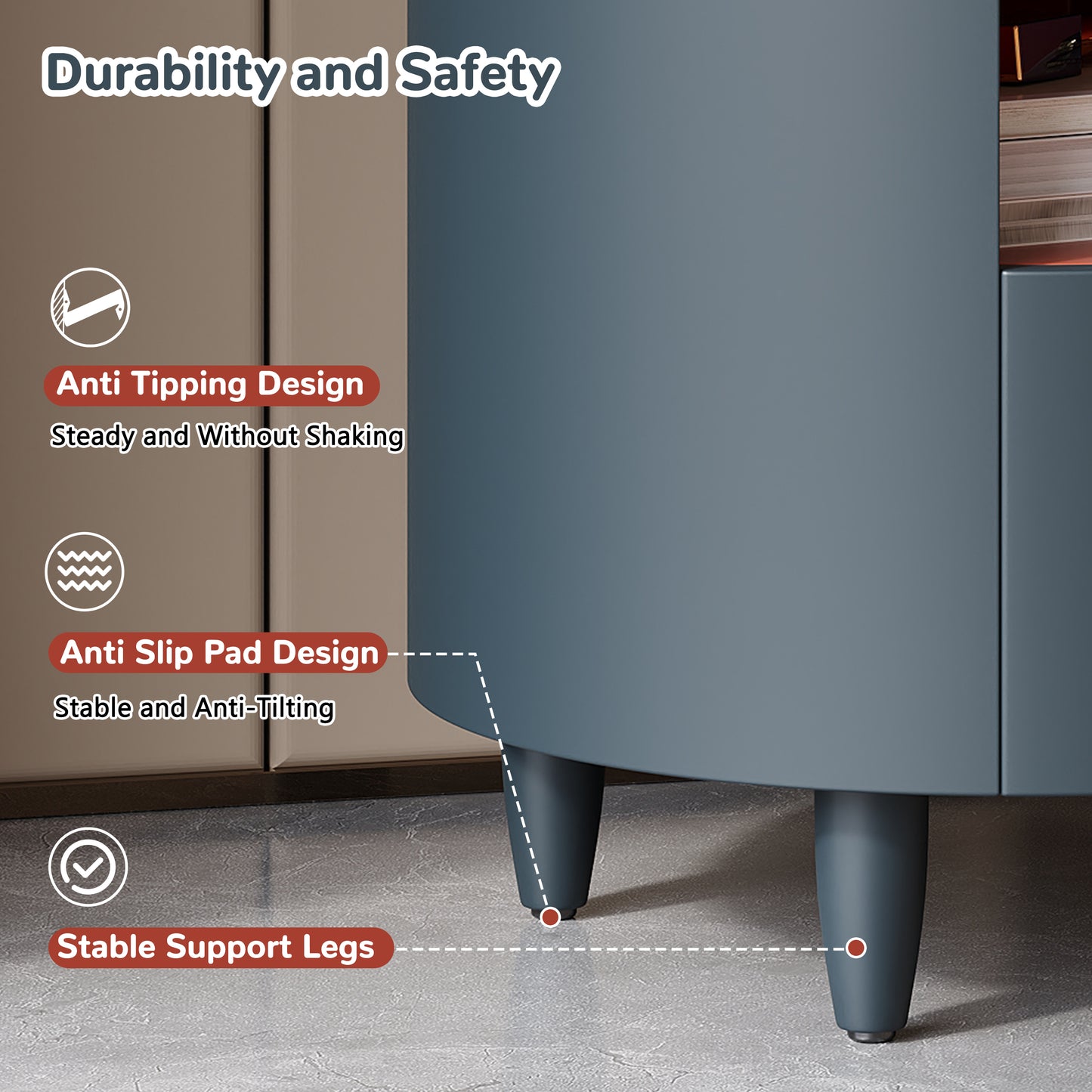 Contemporary & Modern Round Nightstand with Storage Drawer, Sofa End Table with Open Storage Shelf, Bedside Table with Curved Design for Living Room & Bedroom, Easy Assembly, Blue Nightstands