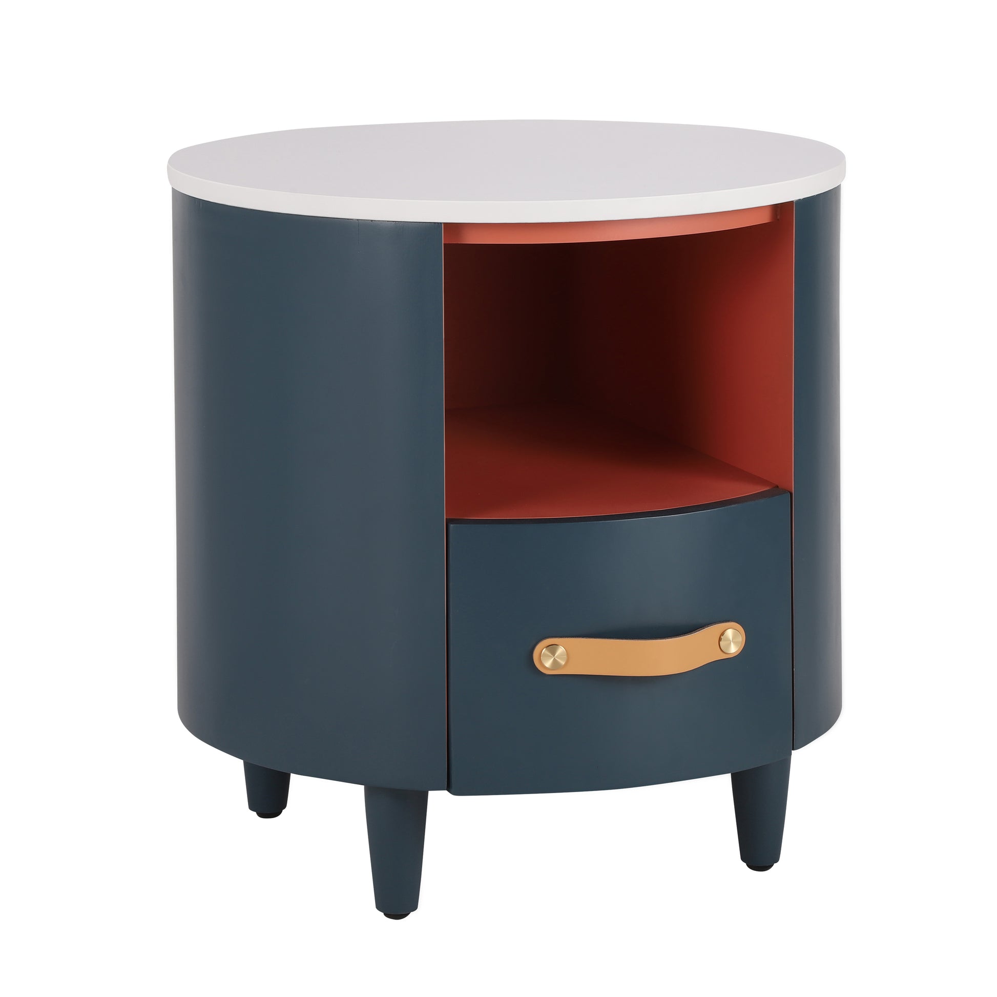 Contemporary & Modern Round Nightstand with Storage Drawer, Sofa End Table with Open Storage Shelf, Bedside Table with Curved Design for Living Room & Bedroom, Easy Assembly, Blue Nightstands