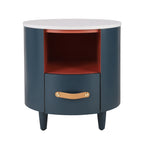 Contemporary & Modern Round Nightstand with Storage Drawer, Sofa End Table with Open Storage Shelf, Bedside Table with Curved Design for Living Room & Bedroom, Easy Assembly, Blue Nightstands