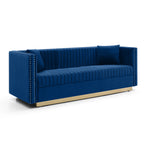 Contemporary Vertical Channel Tufted Velvet Sofa Modern Upholstered Couch for Living Room Apartment with 2 pillows,Blue