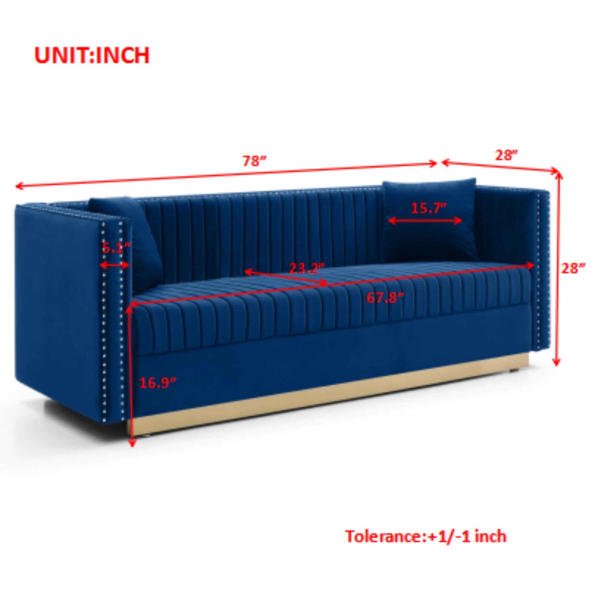 Contemporary Vertical Channel Tufted Velvet Sofa Modern Upholstered Couch for Living Room Apartment with 2 pillows,Blue