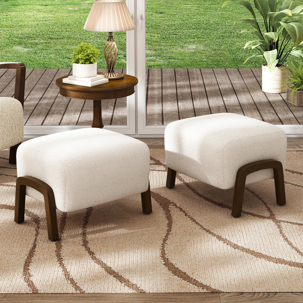 Upholstered Ottoman, Wooden Legs, White, Boucle (Set of 2) Ottoman