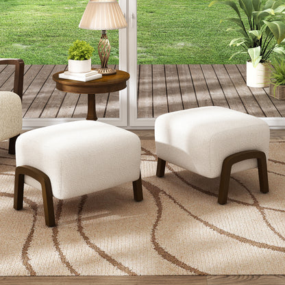 Upholstered Ottoman, Wooden Legs, White, Boucle (Set of 2) Ottoman