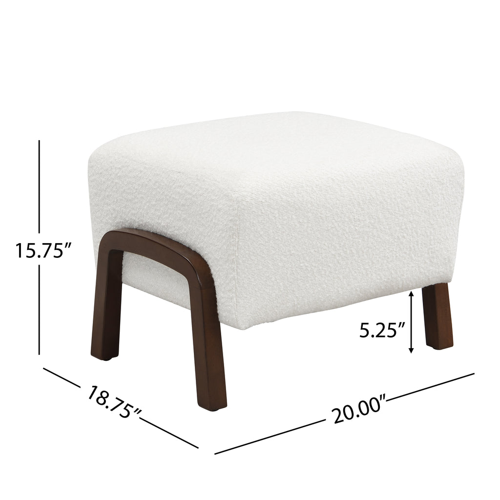 Upholstered Ottoman, Wooden Legs, White, Boucle (Set of 2) Ottoman