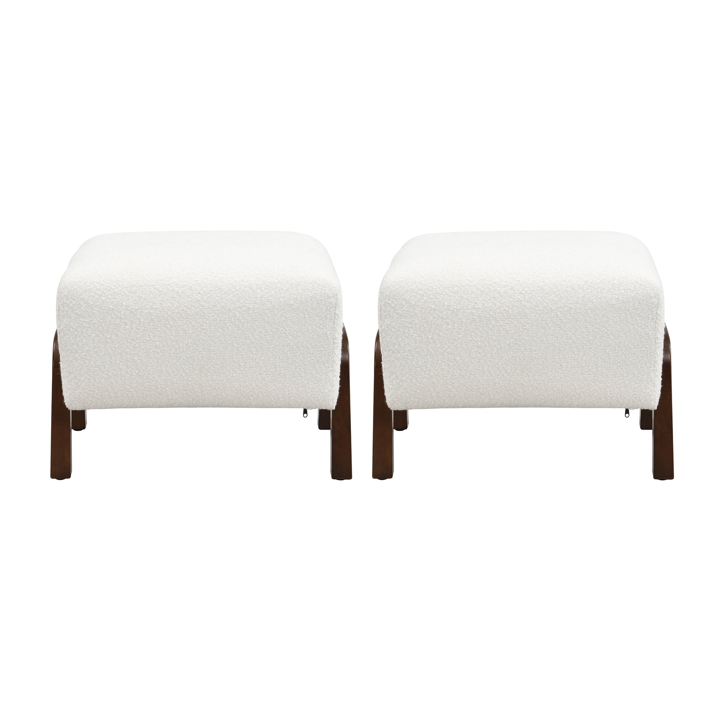 Upholstered Ottoman, Wooden Legs, White, Boucle (Set of 2) Ottoman