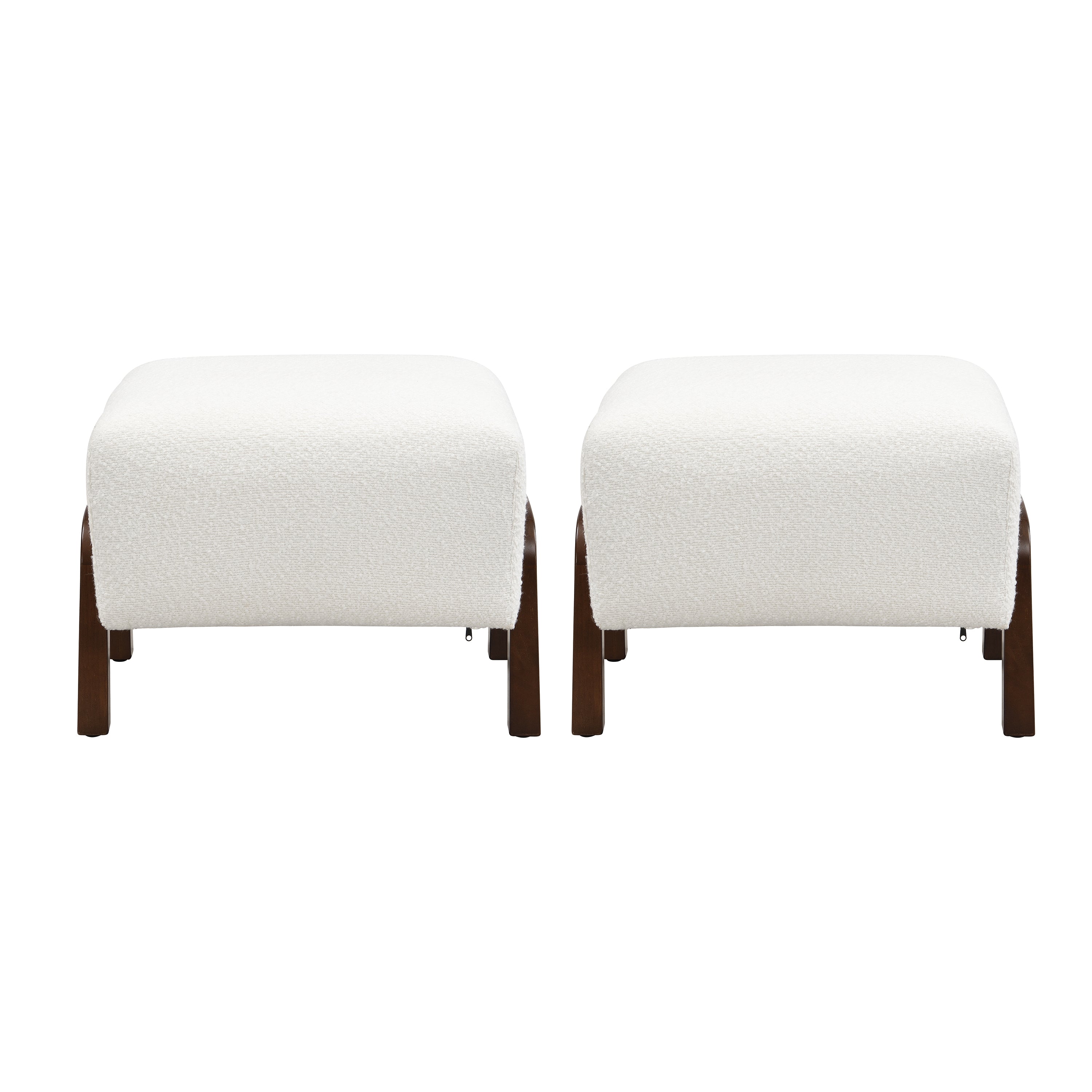 Upholstered Ottoman, Wooden Legs, White, Boucle (Set of 2) Ottoman