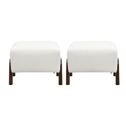 Upholstered Ottoman, Wooden Legs, White, Boucle (Set of 2) Ottoman