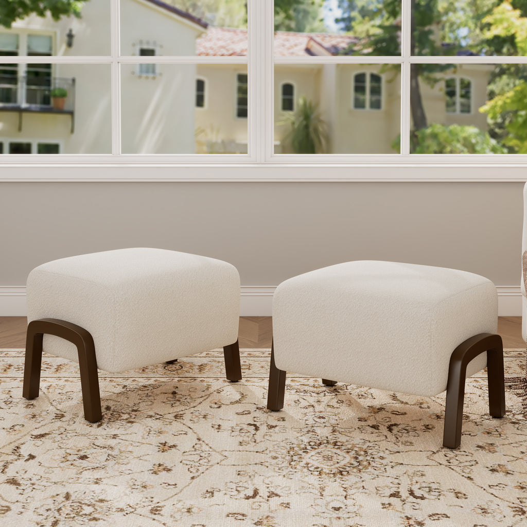 Upholstered Ottoman, Wooden Legs, White, Boucle (Set of 2) Ottoman