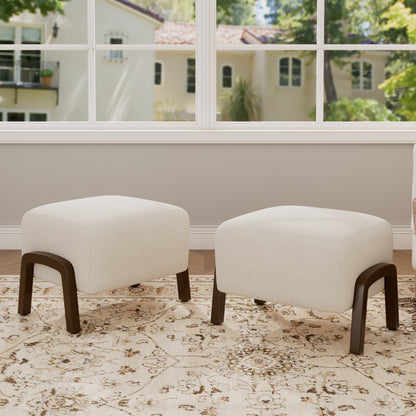 Upholstered Ottoman, Wooden Legs, White, Boucle (Set of 2) Ottoman