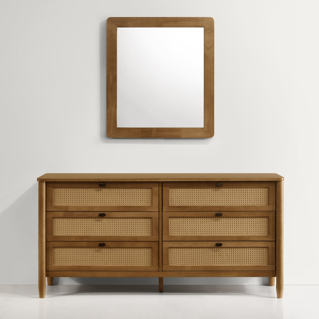 Vichy Wood and Rattan 6-Drawer Dresser with Mirror