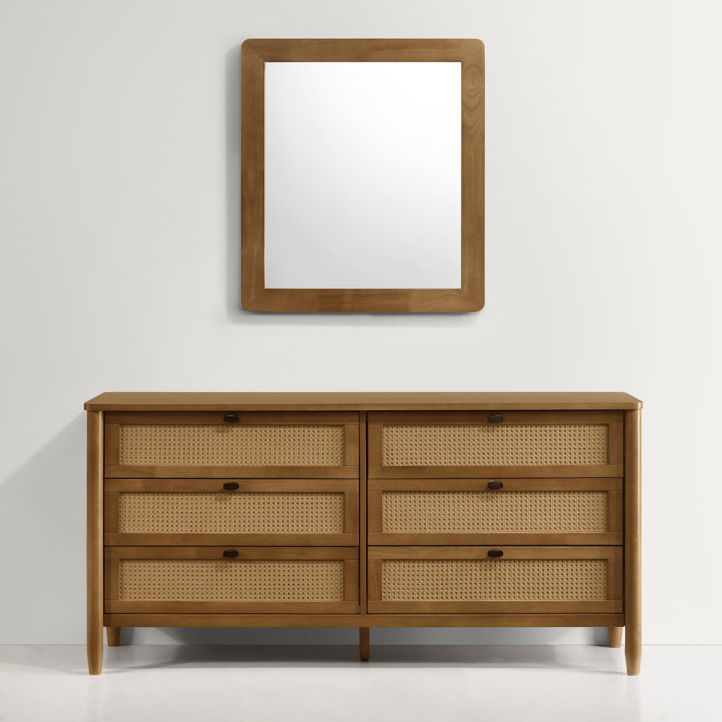 Vichy Wood and Rattan 6-Drawer Dresser with Mirror