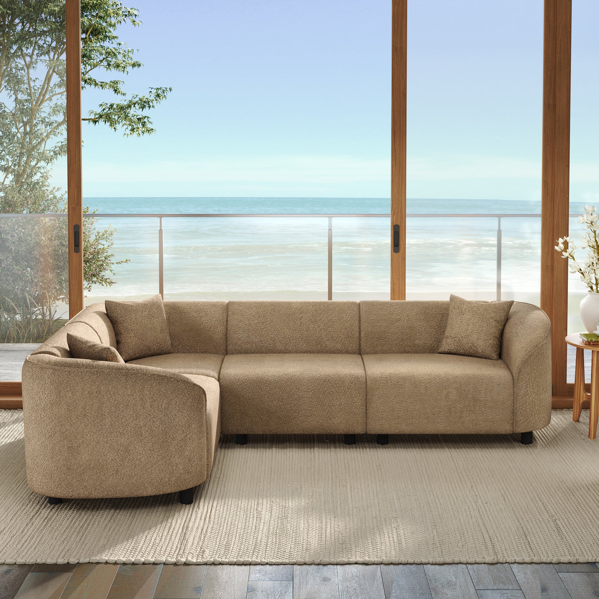 104' L-Shaped Curved Contemporary Sectional Sofa in Camel: Plush 4-Seater, Sculptural Design & Premium Bouclé Upholstery – Modern Luxury for Spacious Living
