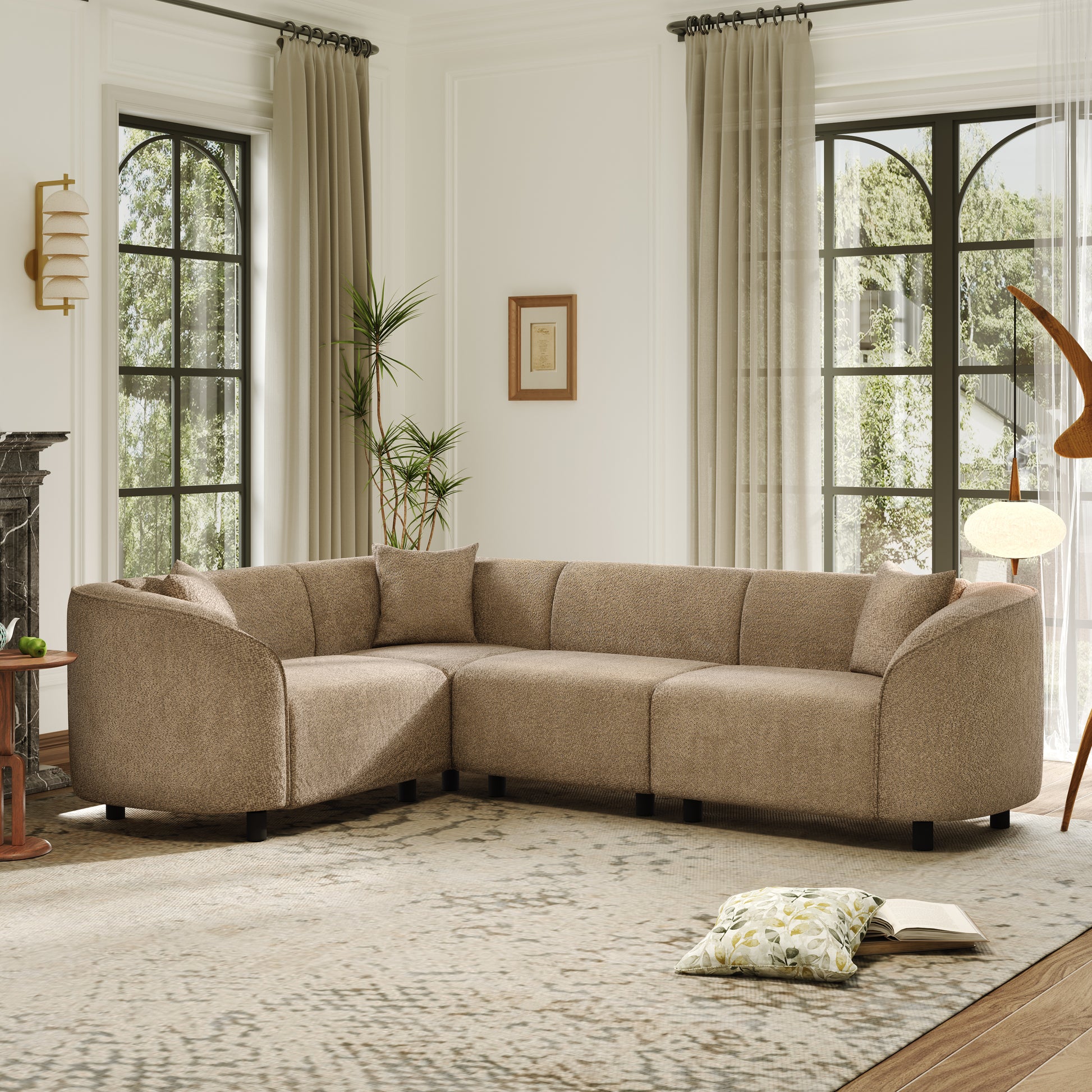 104' L-Shaped Curved Contemporary Sectional Sofa in Camel: Plush 4-Seater, Sculptural Design & Premium Bouclé Upholstery – Modern Luxury for Spacious Living