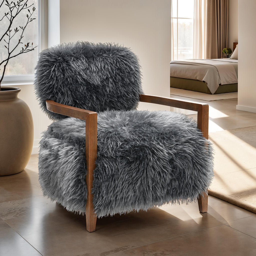 Charcoal Gray Finish Contemporary Style 1pc Accent Chair Soft Faux Fur Wooden Arms Tight Back And Seat Primary Living Room Accent Chair