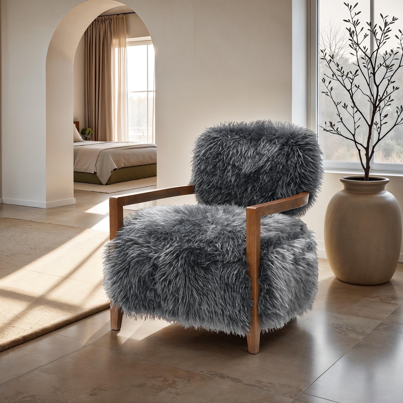 Charcoal Gray Finish Contemporary Style 1pc Accent Chair Soft Faux Fur Wooden Arms Tight Back And Seat Primary Living Room Accent Chair