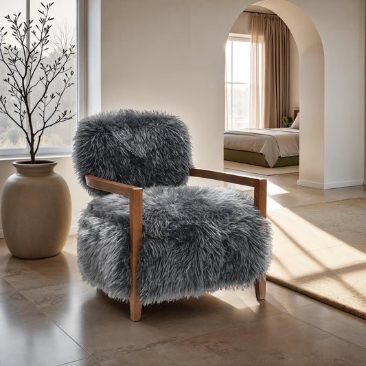 Charcoal Gray Finish Contemporary Style 1pc Accent Chair Soft Faux Fur Wooden Arms Tight Back And Seat Primary Living Room Accent Chair