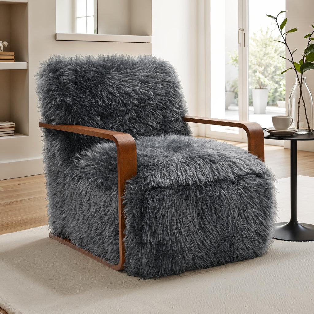 Charcoal Gray Finish 1pc Accent Chair Long Soft Faux Fur Retro Inspired Curve Wooden Arms Tight Seat And Back Primary living Room - Groovy Boardz
