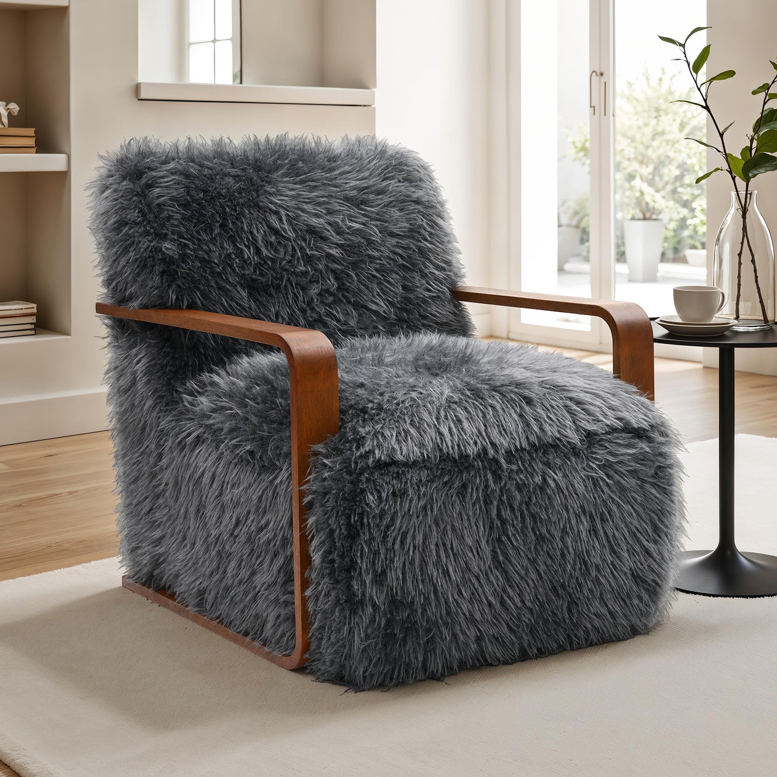 Charcoal Gray Finish 1pc Accent Chair Long Soft Faux Fur Retro Inspired Curve Wooden Arms Tight Seat And Back Primary living Room - Groovy Boardz