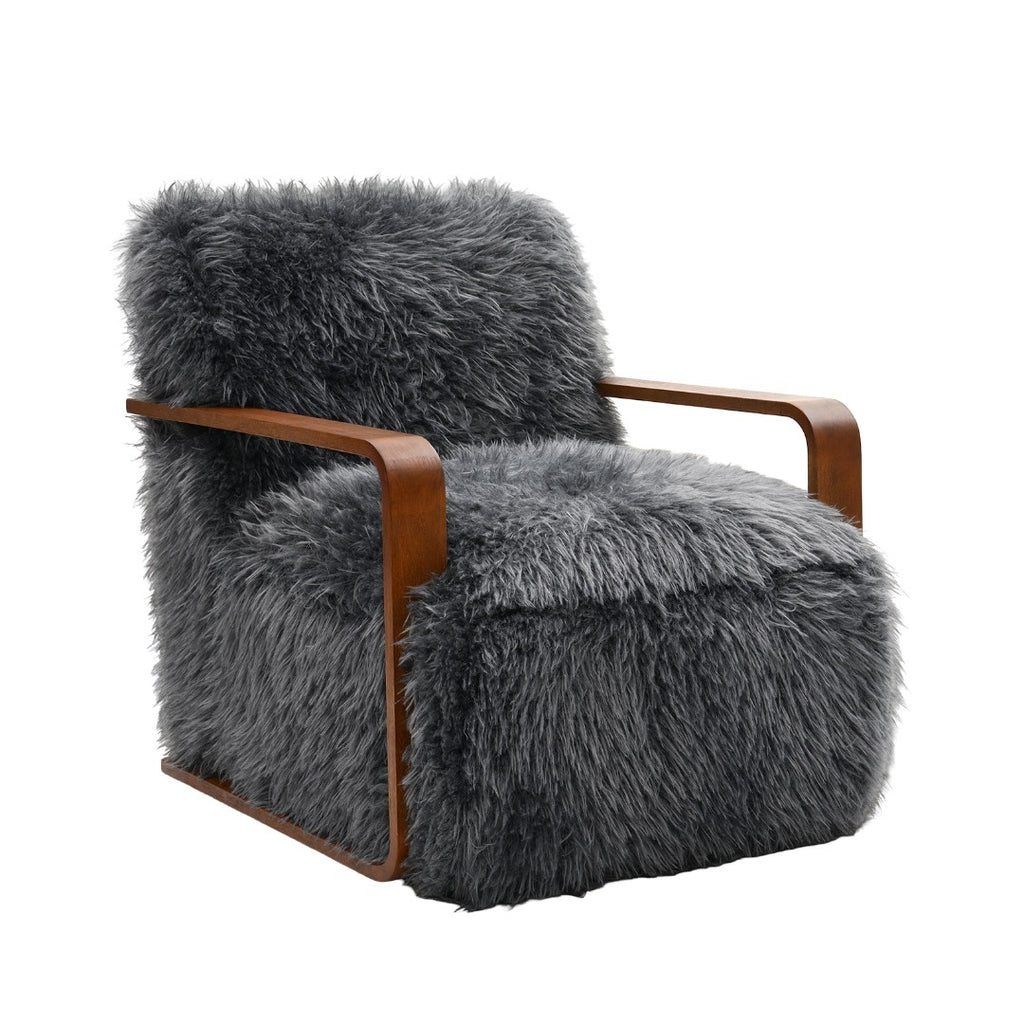 Charcoal Gray Finish 1pc Accent Chair Long Soft Faux Fur Retro Inspired Curve Wooden Arms Tight Seat And Back Primary living Room - Groovy Boardz