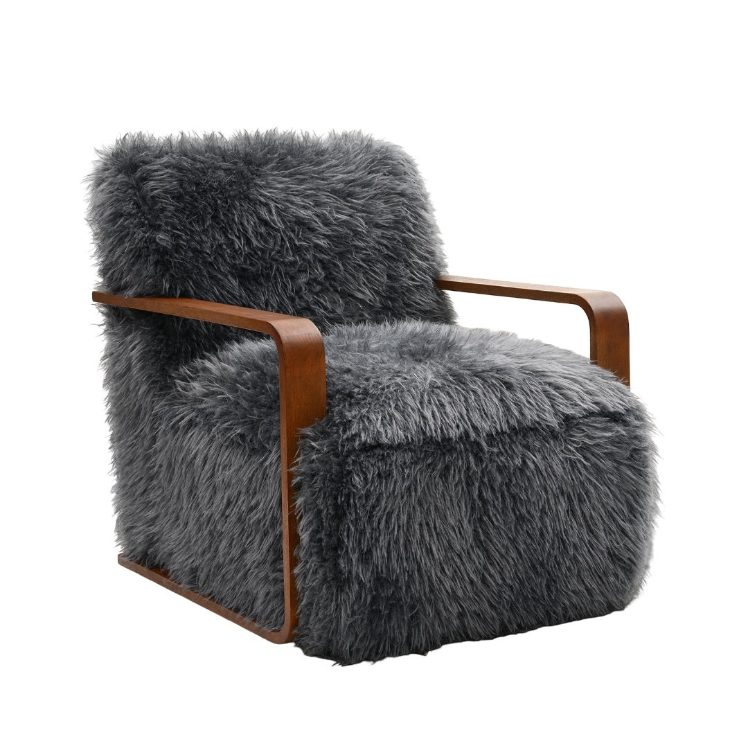 Charcoal Gray Finish 1pc Accent Chair Long Soft Faux Fur Retro Inspired Curve Wooden Arms Tight Seat And Back Primary living Room - Groovy Boardz